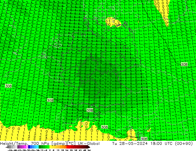 Geop./Temp. 700 hPa UK-Global mar 28.05.2024 18 UTC