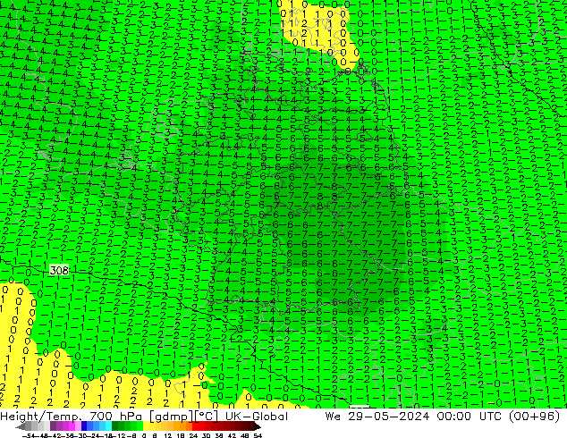 Height/Temp. 700 hPa UK-Global Mi 29.05.2024 00 UTC