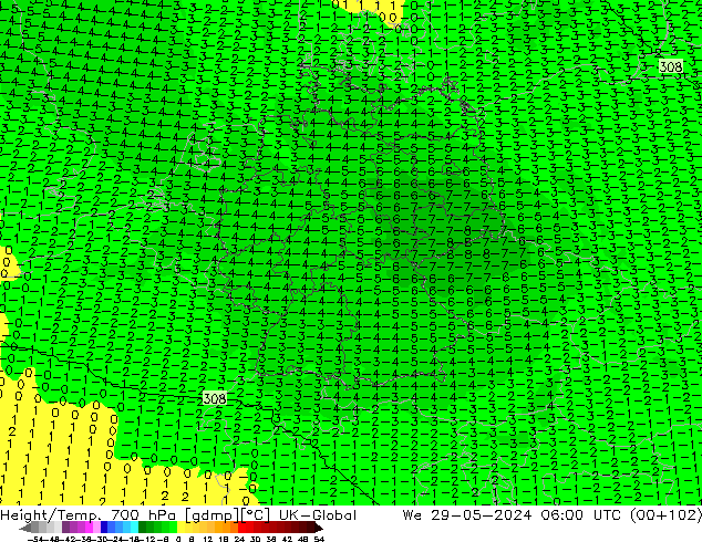 Height/Temp. 700 hPa UK-Global Mi 29.05.2024 06 UTC