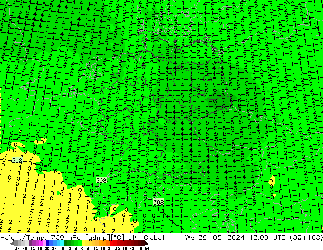 Height/Temp. 700 hPa UK-Global  29.05.2024 12 UTC