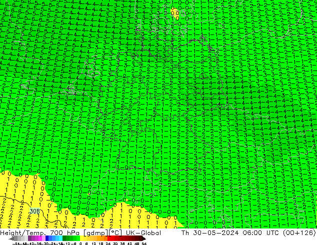 Hoogte/Temp. 700 hPa UK-Global do 30.05.2024 06 UTC