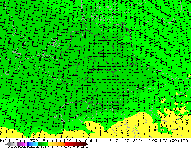 Height/Temp. 700 hPa UK-Global Fr 31.05.2024 12 UTC