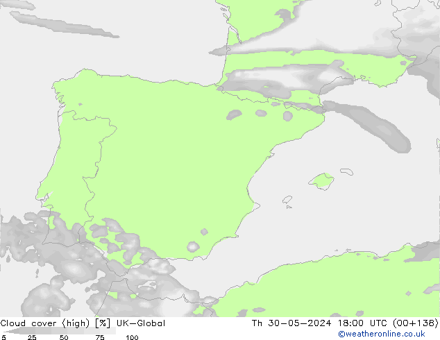 Nubes altas UK-Global jue 30.05.2024 18 UTC