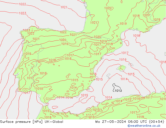 Atmosférický tlak UK-Global Po 27.05.2024 06 UTC