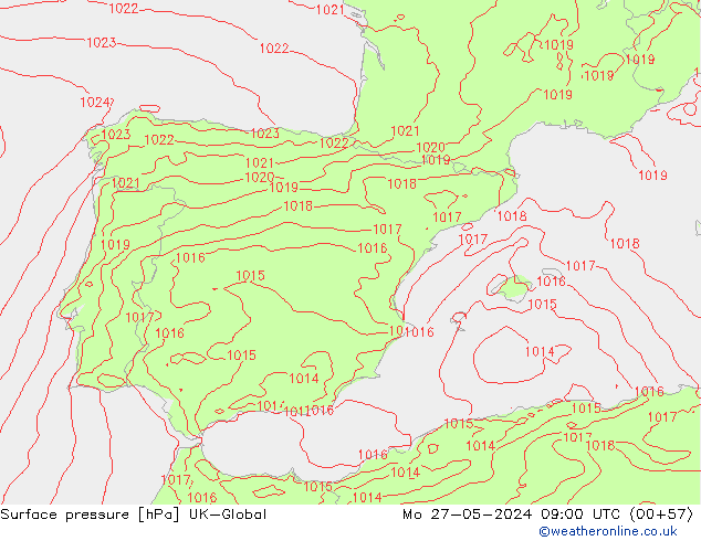 Atmosférický tlak UK-Global Po 27.05.2024 09 UTC