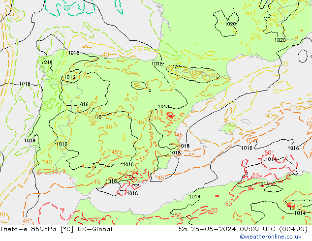 Theta-e 850hPa UK-Global za 25.05.2024 00 UTC
