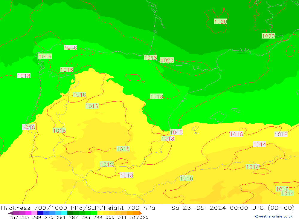 Espesor 700-1000 hPa UK-Global sáb 25.05.2024 00 UTC