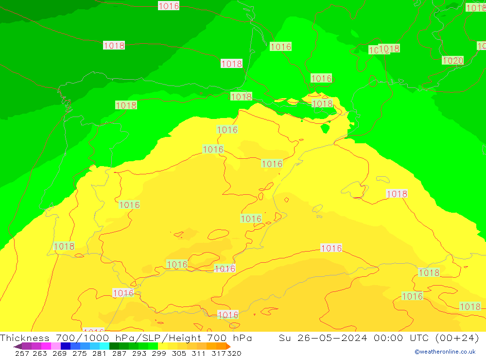 Thck 700-1000 hPa UK-Global Dom 26.05.2024 00 UTC