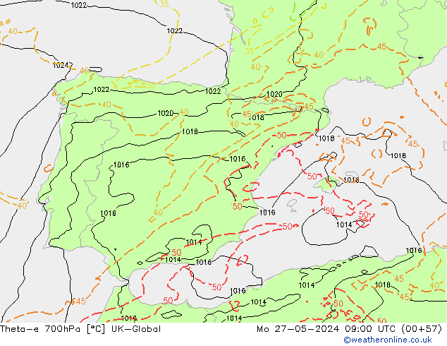 Theta-e 700hPa UK-Global lun 27.05.2024 09 UTC