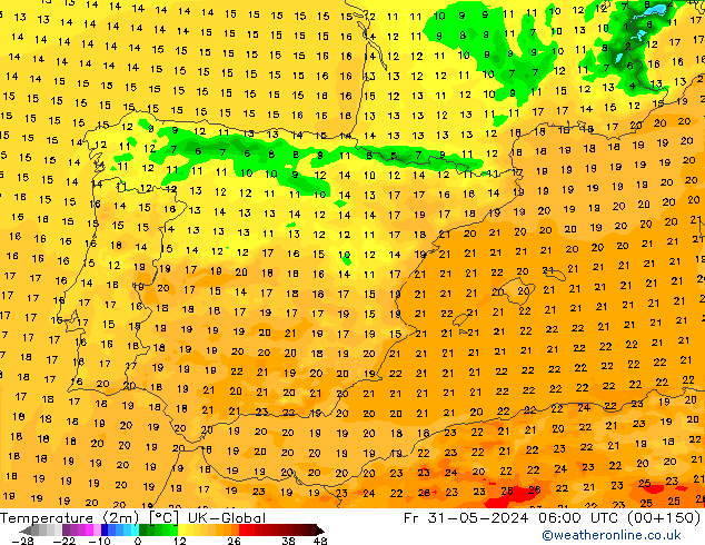 Temperature (2m) UK-Global Fr 31.05.2024 06 UTC