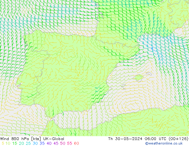 wiatr 850 hPa UK-Global czw. 30.05.2024 06 UTC