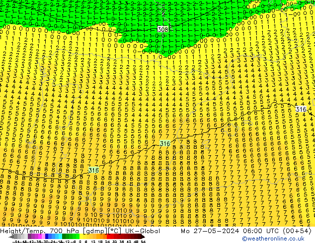 Geop./Temp. 700 hPa UK-Global lun 27.05.2024 06 UTC