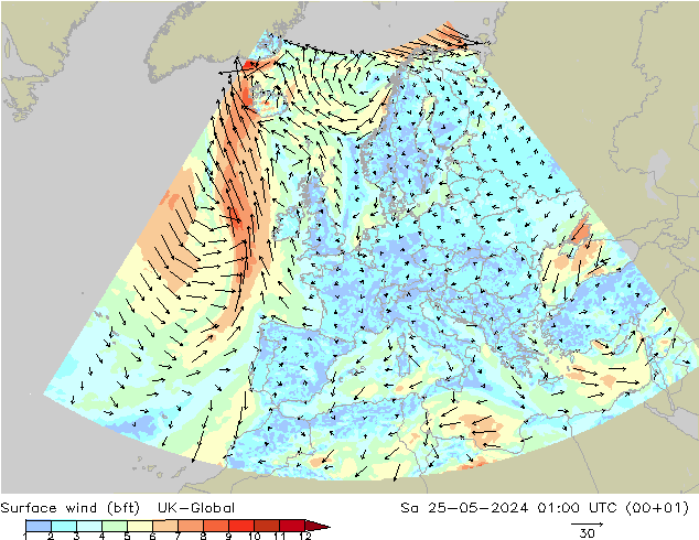 Surface wind (bft) UK-Global Sa 25.05.2024 01 UTC