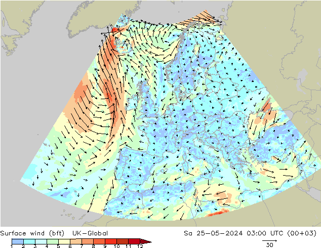 Surface wind (bft) UK-Global So 25.05.2024 03 UTC