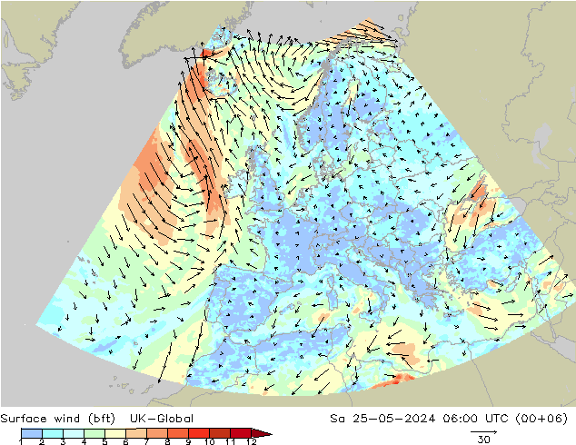 Viento 10 m (bft) UK-Global sáb 25.05.2024 06 UTC