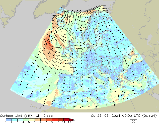 Viento 10 m (bft) UK-Global dom 26.05.2024 00 UTC