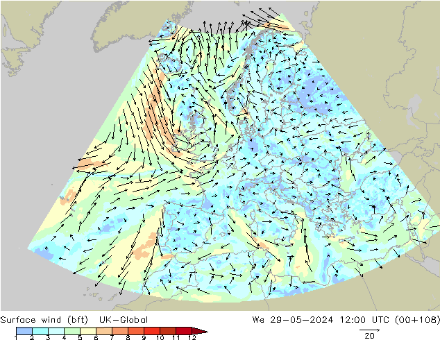 Wind 10 m (bft) UK-Global wo 29.05.2024 12 UTC