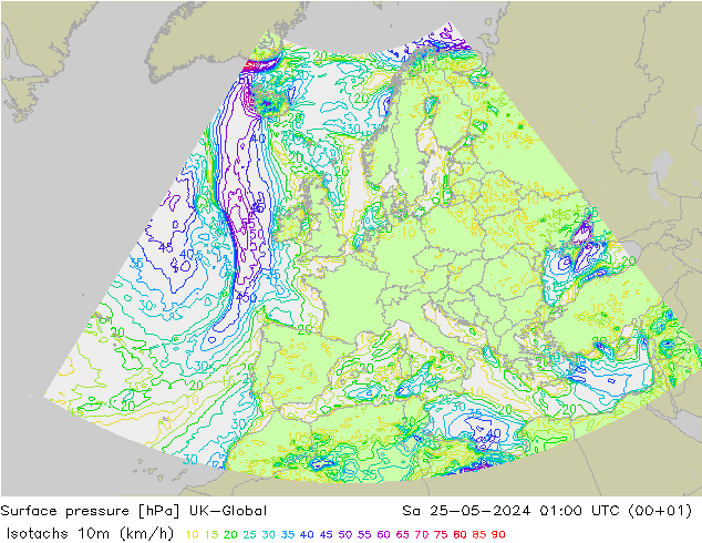 Isotachs (kph) UK-Global So 25.05.2024 01 UTC