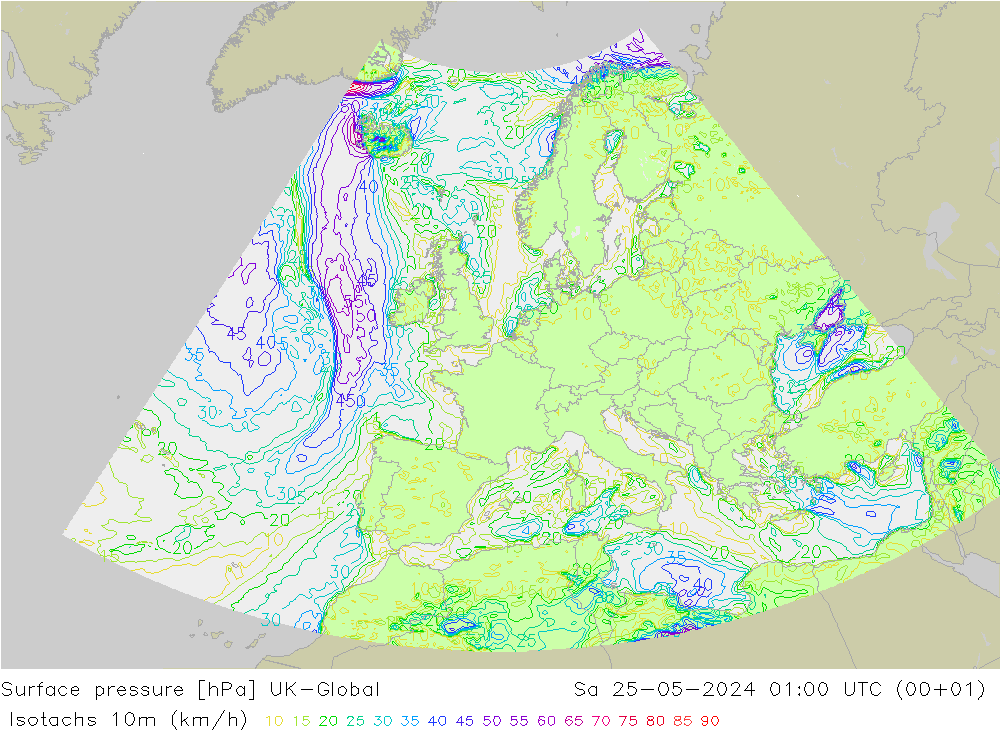 10米等风速线 (kph) UK-Global 星期六 25.05.2024 01 UTC