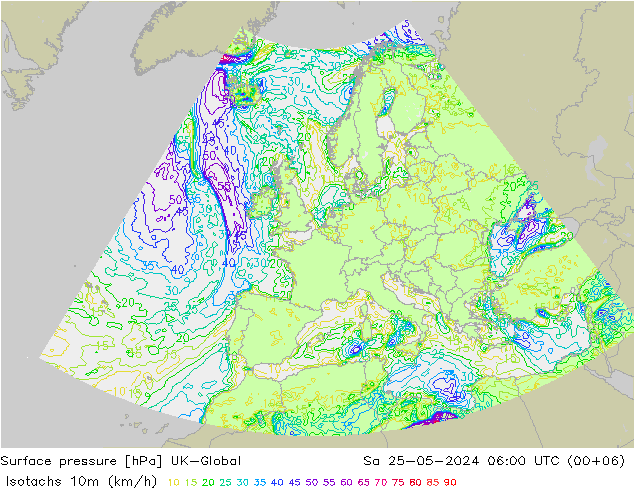 10米等风速线 (kph) UK-Global 星期六 25.05.2024 06 UTC