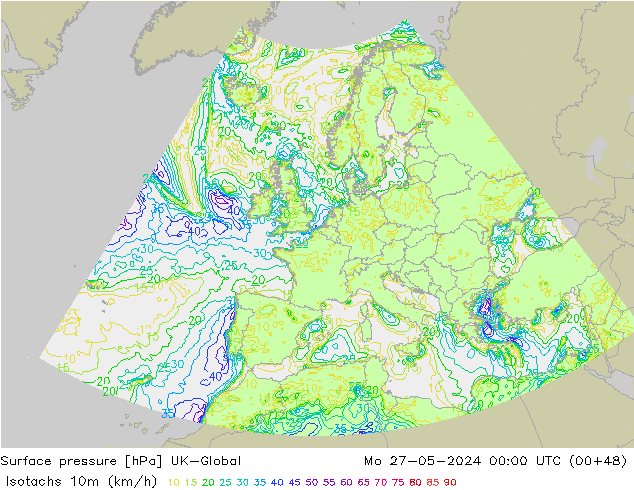 Isotachs (kph) UK-Global Po 27.05.2024 00 UTC