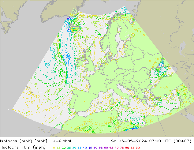 Isotachs (mph) UK-Global sam 25.05.2024 03 UTC