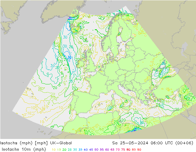 Izotacha (mph) UK-Global so. 25.05.2024 06 UTC