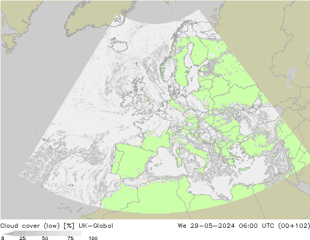 Bewolking (Laag) UK-Global wo 29.05.2024 06 UTC