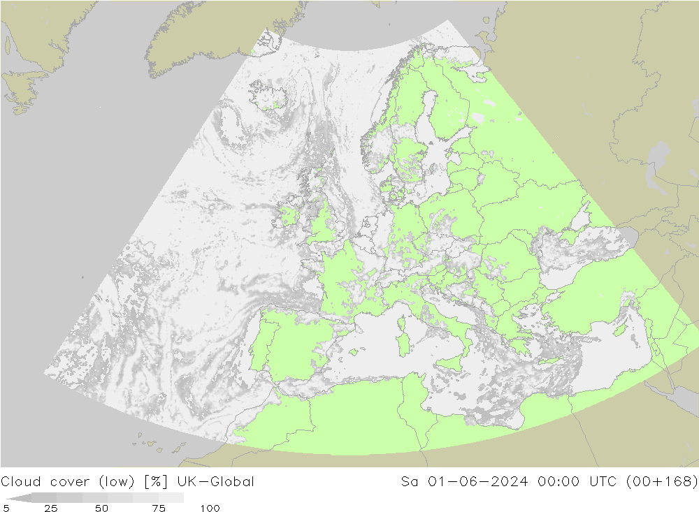 Cloud cover (low) UK-Global Sa 01.06.2024 00 UTC