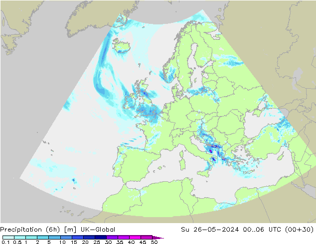 Precipitazione (6h) UK-Global dom 26.05.2024 06 UTC