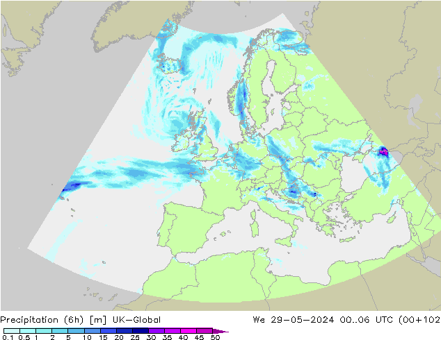 Precipitation (6h) UK-Global We 29.05.2024 06 UTC