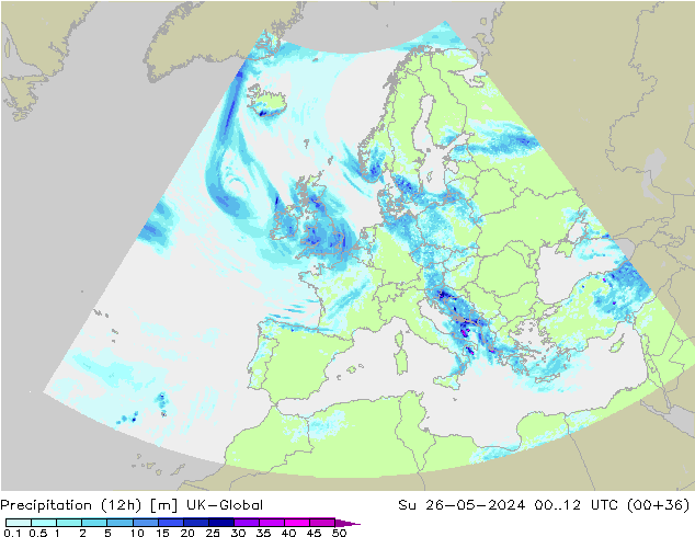 Precipitation (12h) UK-Global Su 26.05.2024 12 UTC