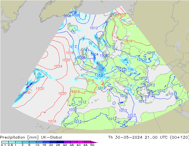 Precipitazione UK-Global gio 30.05.2024 00 UTC