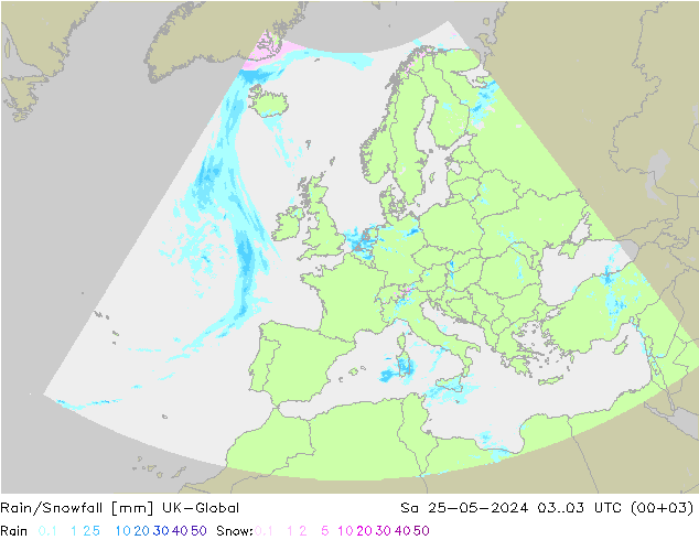 Rain/Snowfall UK-Global sab 25.05.2024 03 UTC