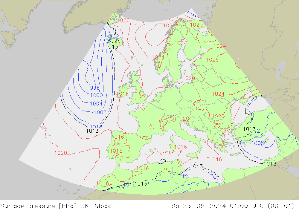 地面气压 UK-Global 星期六 25.05.2024 01 UTC