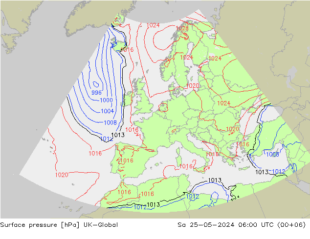 Atmosférický tlak UK-Global So 25.05.2024 06 UTC