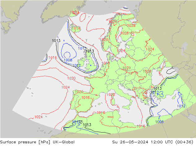 Pressione al suolo UK-Global dom 26.05.2024 12 UTC