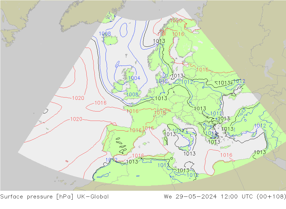 Surface pressure UK-Global We 29.05.2024 12 UTC