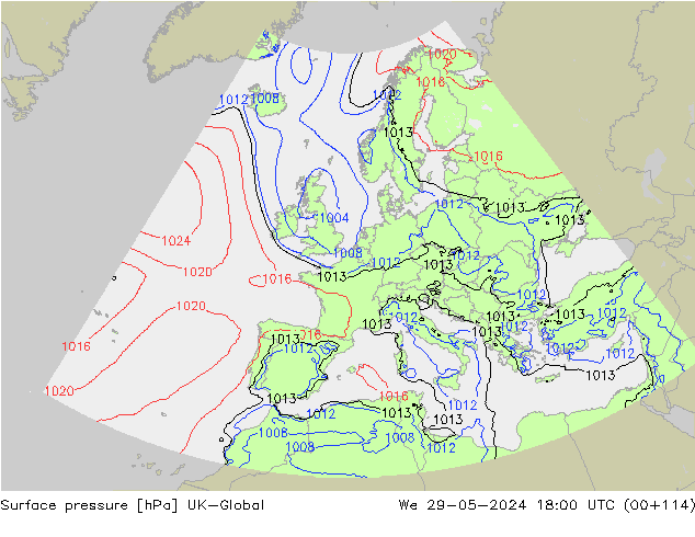 Surface pressure UK-Global We 29.05.2024 18 UTC