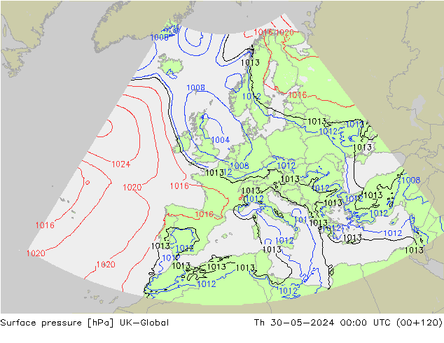 Surface pressure UK-Global Th 30.05.2024 00 UTC