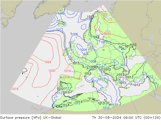Presión superficial UK-Global jue 30.05.2024 06 UTC