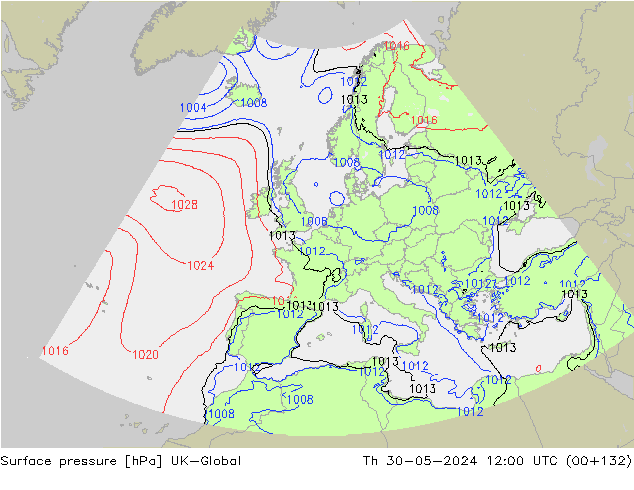 Pressione al suolo UK-Global gio 30.05.2024 12 UTC