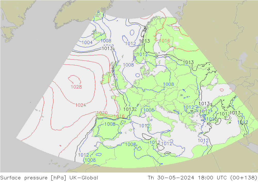 Surface pressure UK-Global Th 30.05.2024 18 UTC