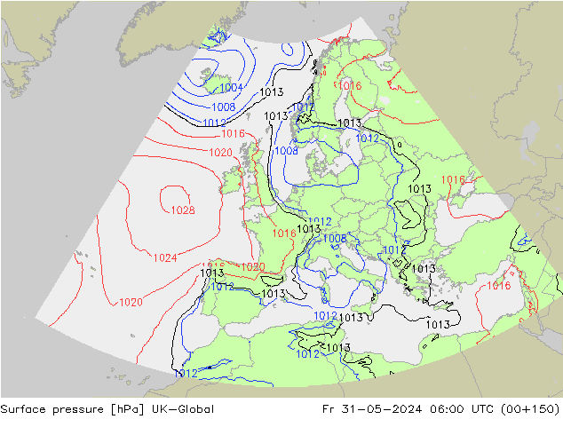 Pressione al suolo UK-Global ven 31.05.2024 06 UTC