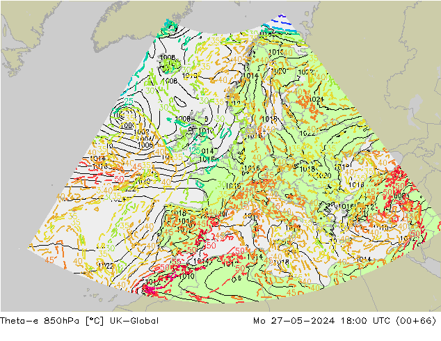 Theta-e 850hPa UK-Global Mo 27.05.2024 18 UTC
