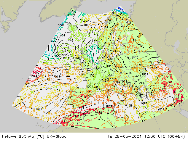 Theta-e 850hPa UK-Global Ter 28.05.2024 12 UTC