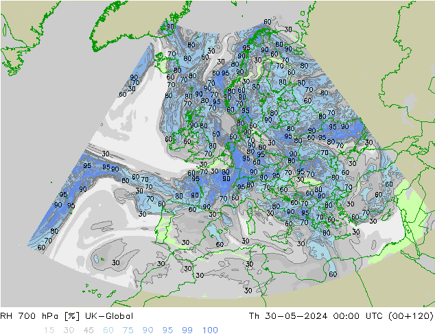 RH 700 hPa UK-Global Čt 30.05.2024 00 UTC