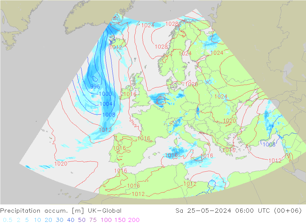 Precipitation accum. UK-Global So 25.05.2024 06 UTC