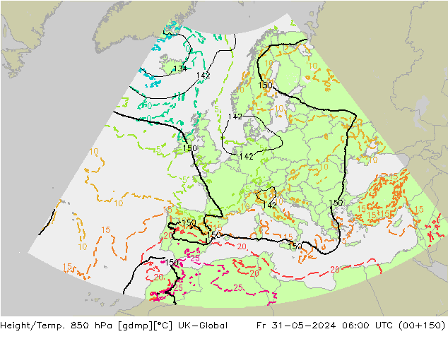 Height/Temp. 850 hPa UK-Global pt. 31.05.2024 06 UTC