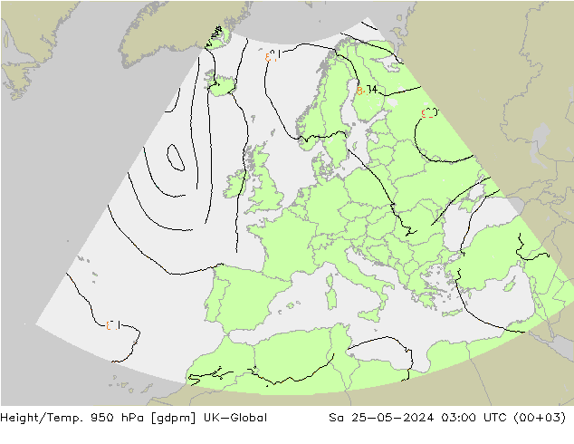 Géop./Temp. 950 hPa UK-Global sam 25.05.2024 03 UTC